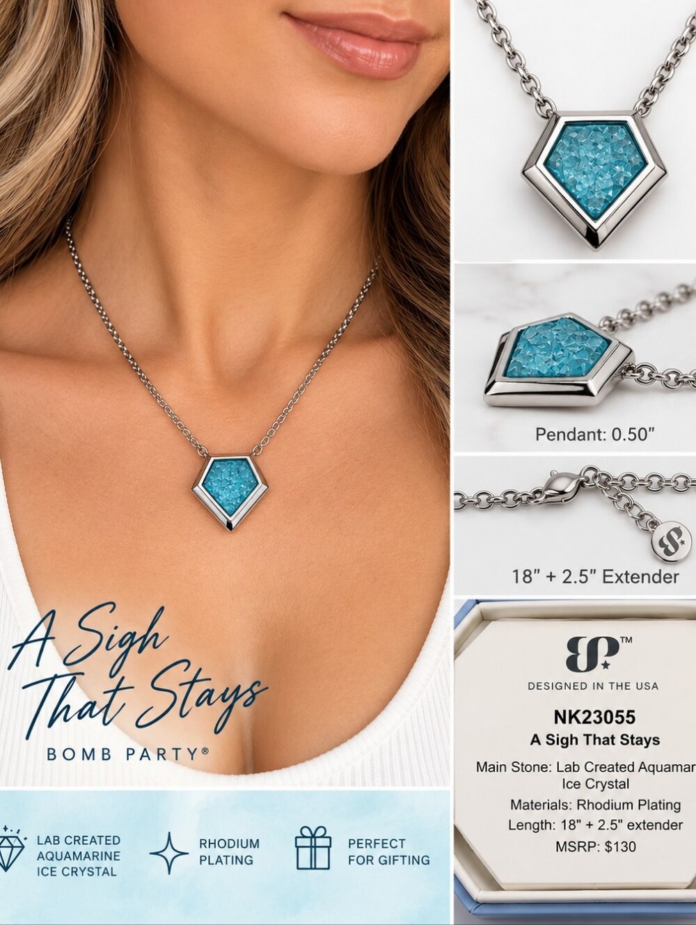Bomb Party “A Sigh That Stays” Lab-Created Aquamarine Ice Crystal Necklace NWTB